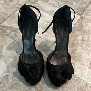 Black satin Nina heels with bow and ankle straps